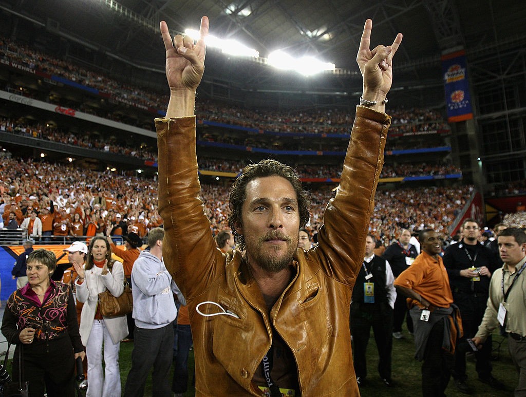 GLENDALE, AZ - JANUARY 05: Actor Matthew McConaughey celebrates after the Texas Longhorns defeated the Ohio State Buckeyes in Tostitos Fiesta Bowl Game on January 5, 2009 at University of Phoenix Stadium in Glendale, Arizona. (Photo by Jed Jacobsohn/Getty Images)