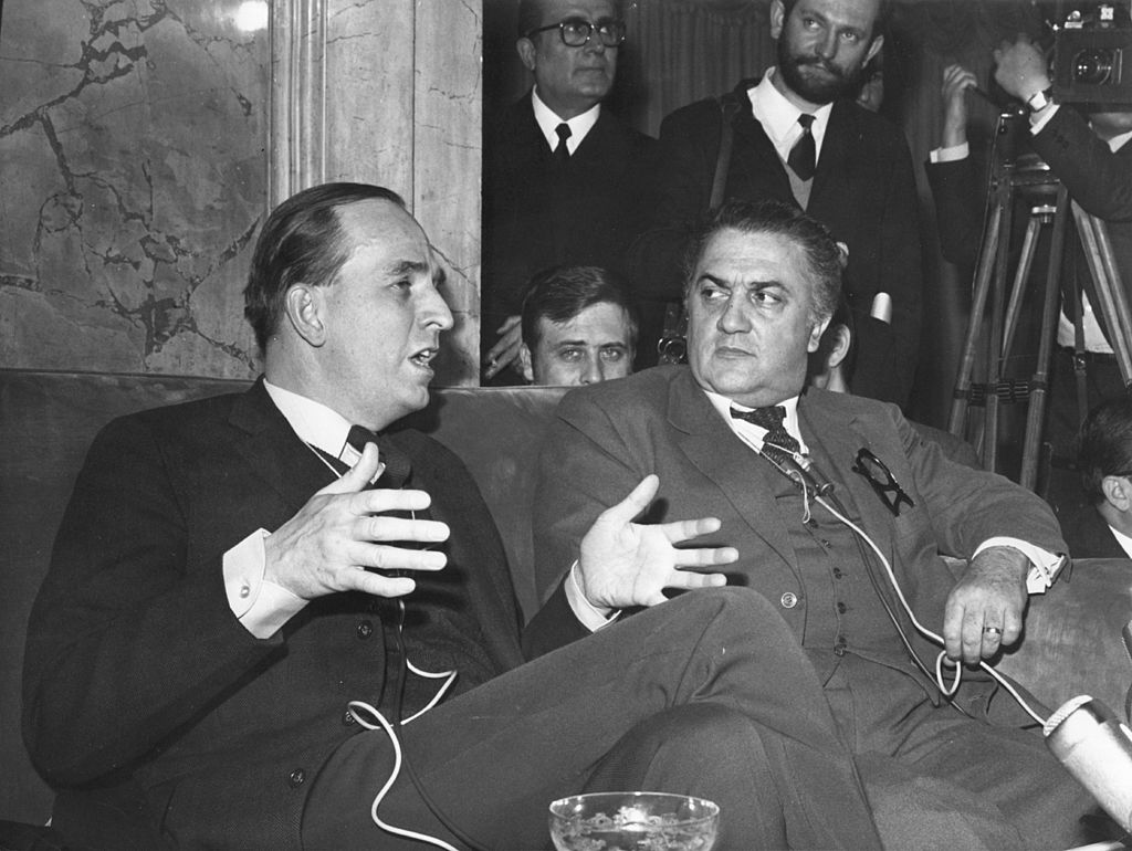Italian film director Federico Fellini (1920 - 1993) at a press conference in the Grand Hotel of Rome.    (Photo by Hulton Archive/Getty Images)